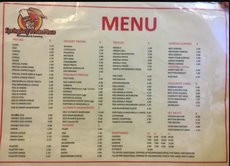 SPRINGLEAF PRATA MENU