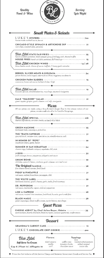 BLUE LABEL PIZZA AND WINE MENU