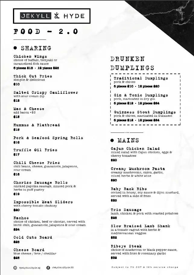 JEKYLL & HYDE MENU