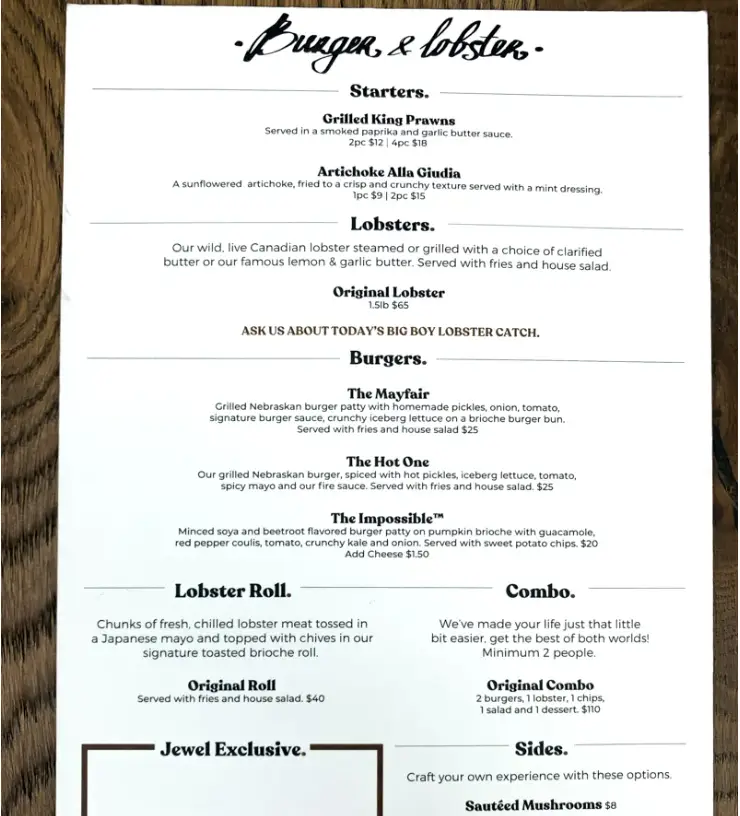 BURGER & LOBSTER MENU