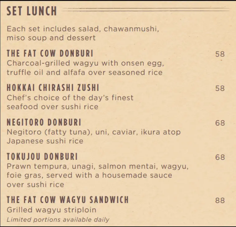 Fat Cow Menu