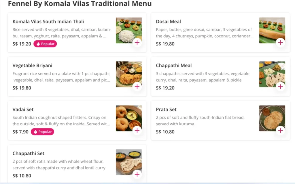 KOMALA VILAS MENU SINGAPORE