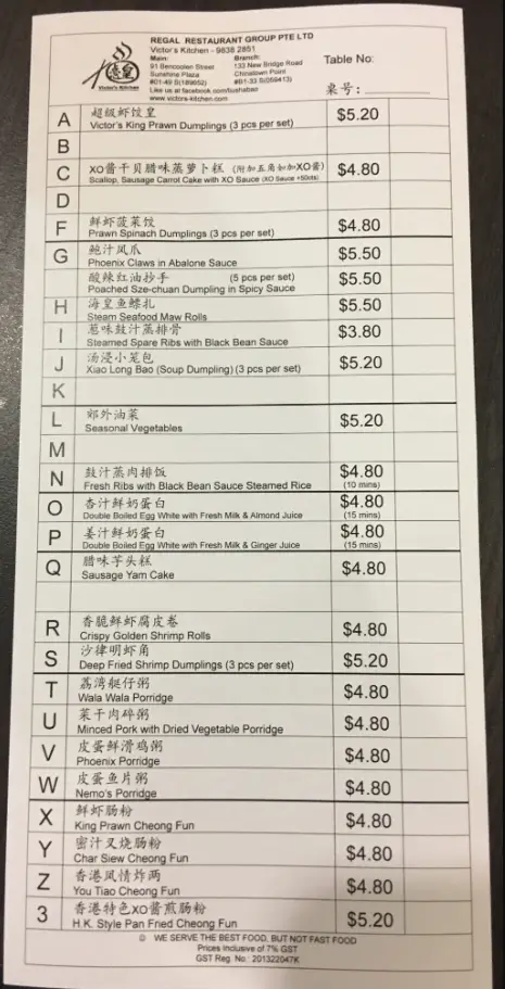 VICTOR’S KITCHEN MENU